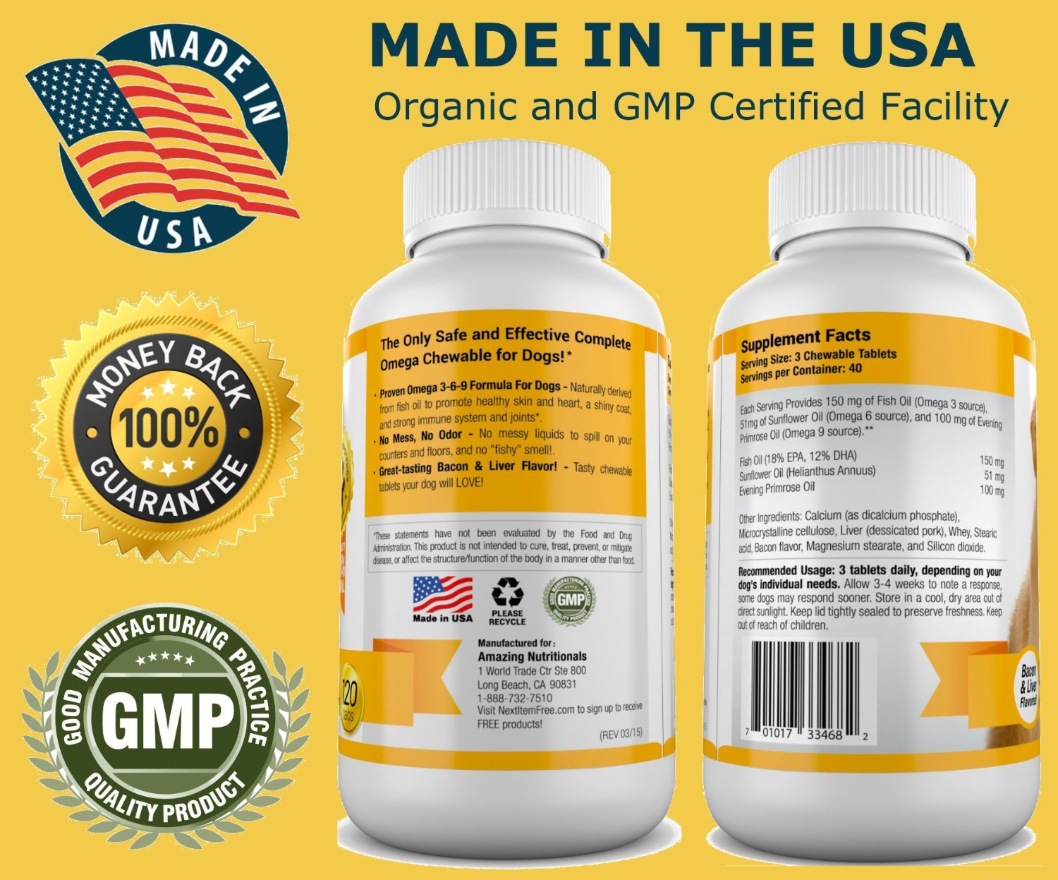 Amazing Omega 3 for Dogs made in the USA with third-party testing.
