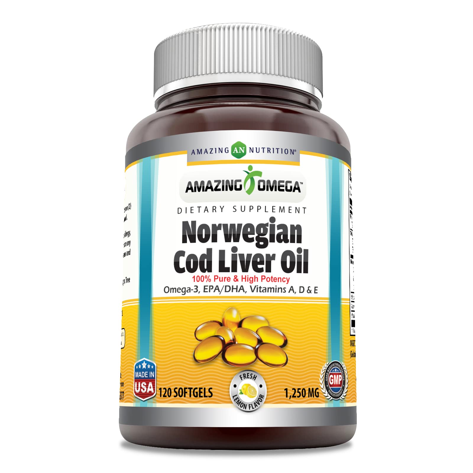 Amazing Omega lemon bottle shows 1250 mg softgels for daily omega-3 support.