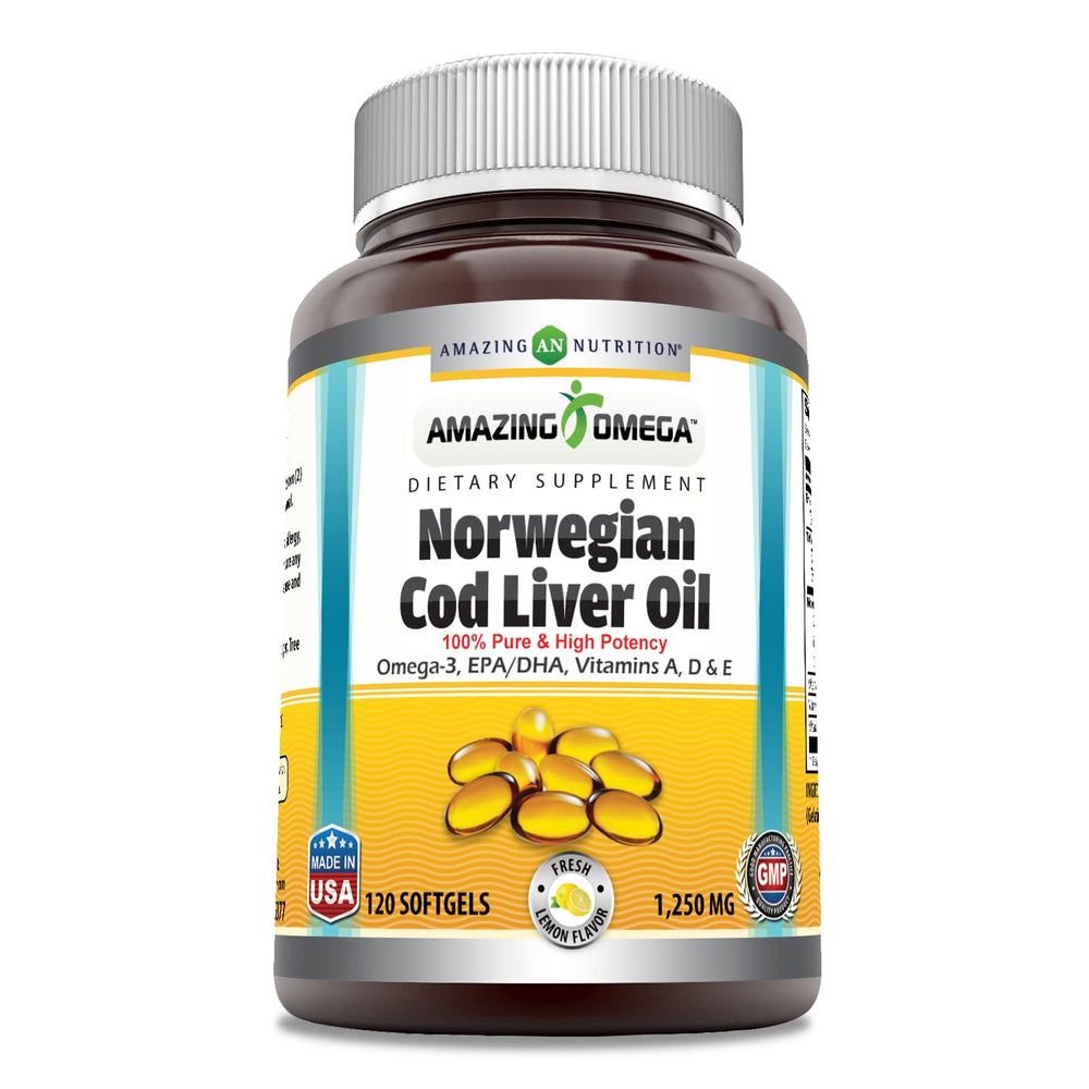 Amazing Omega lemon bottle shows 1250 mg softgels for daily omega-3 support.