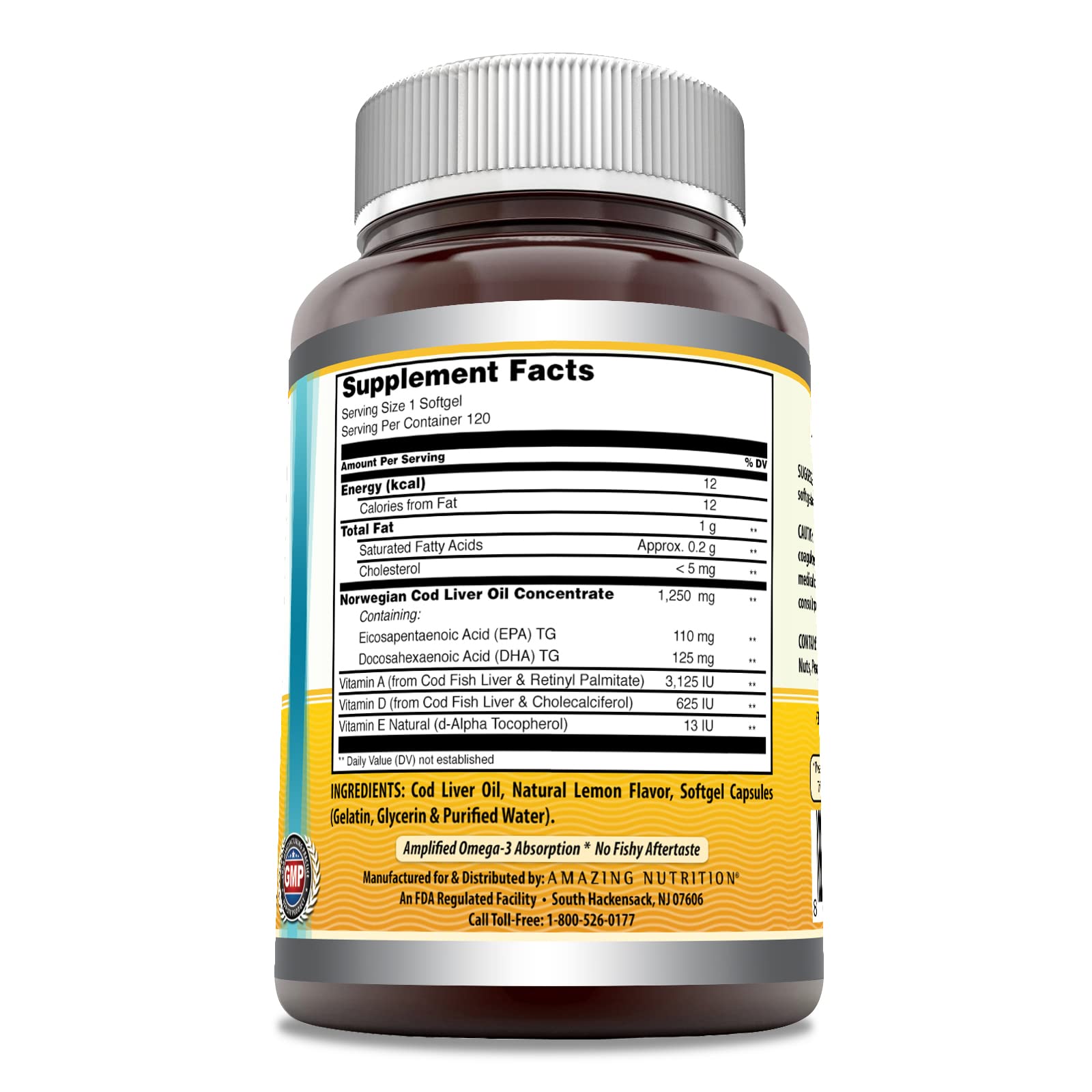 Amazing Omega softgel closeup highlights easy-to-swallow lemon capsules for convenient supplementation.