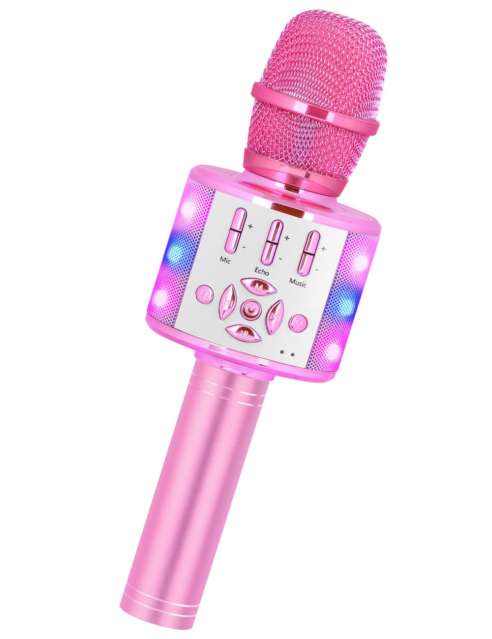 Amazmic karaoke microphone with LED lights enhances party atmosphere and performance.