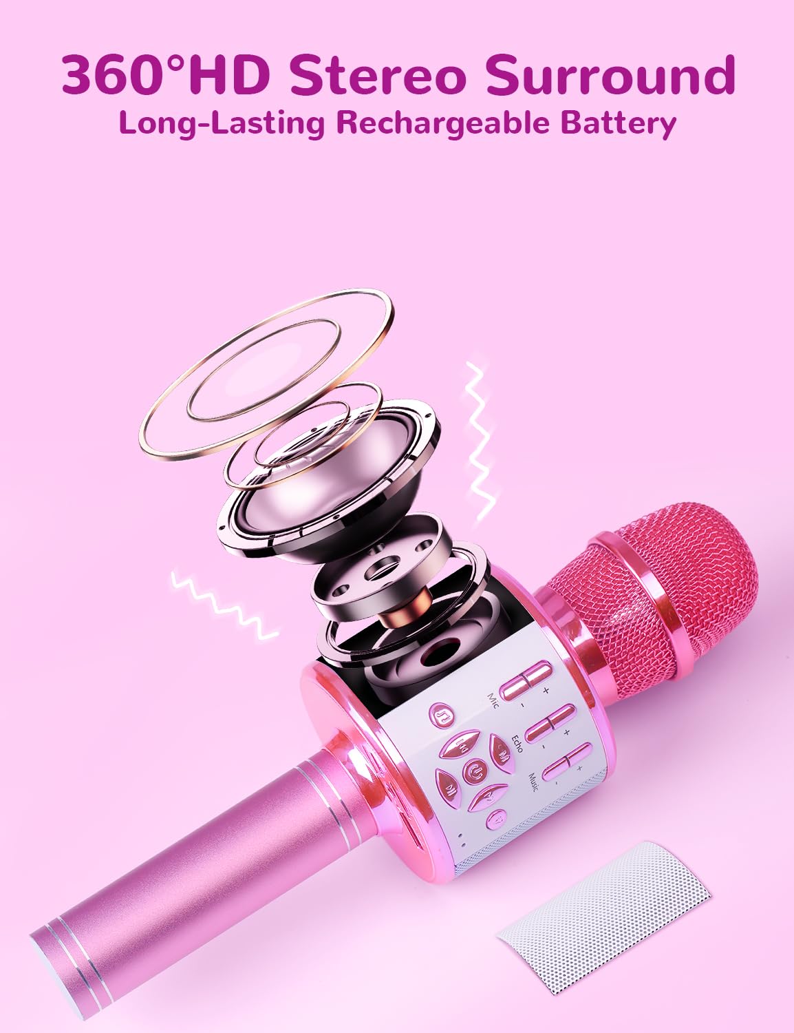 Amazmic karaoke microphone voice changer adds playful sound effects for performances.