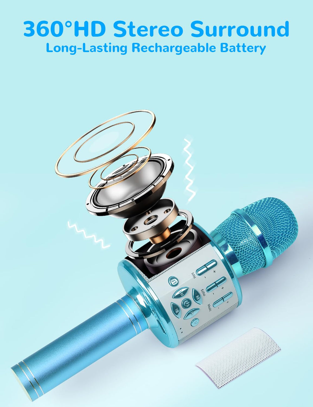 Amazmic karaoke microphone blue with vibrant LED lights enhancing party vibes