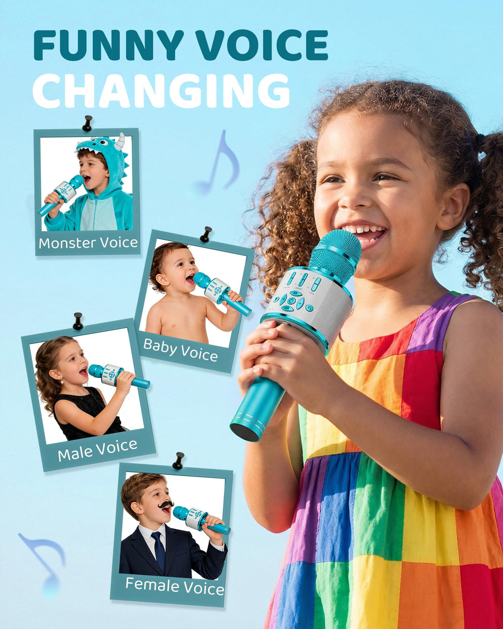 Amazmic karaoke mic blue highlighting long battery life for hours of play