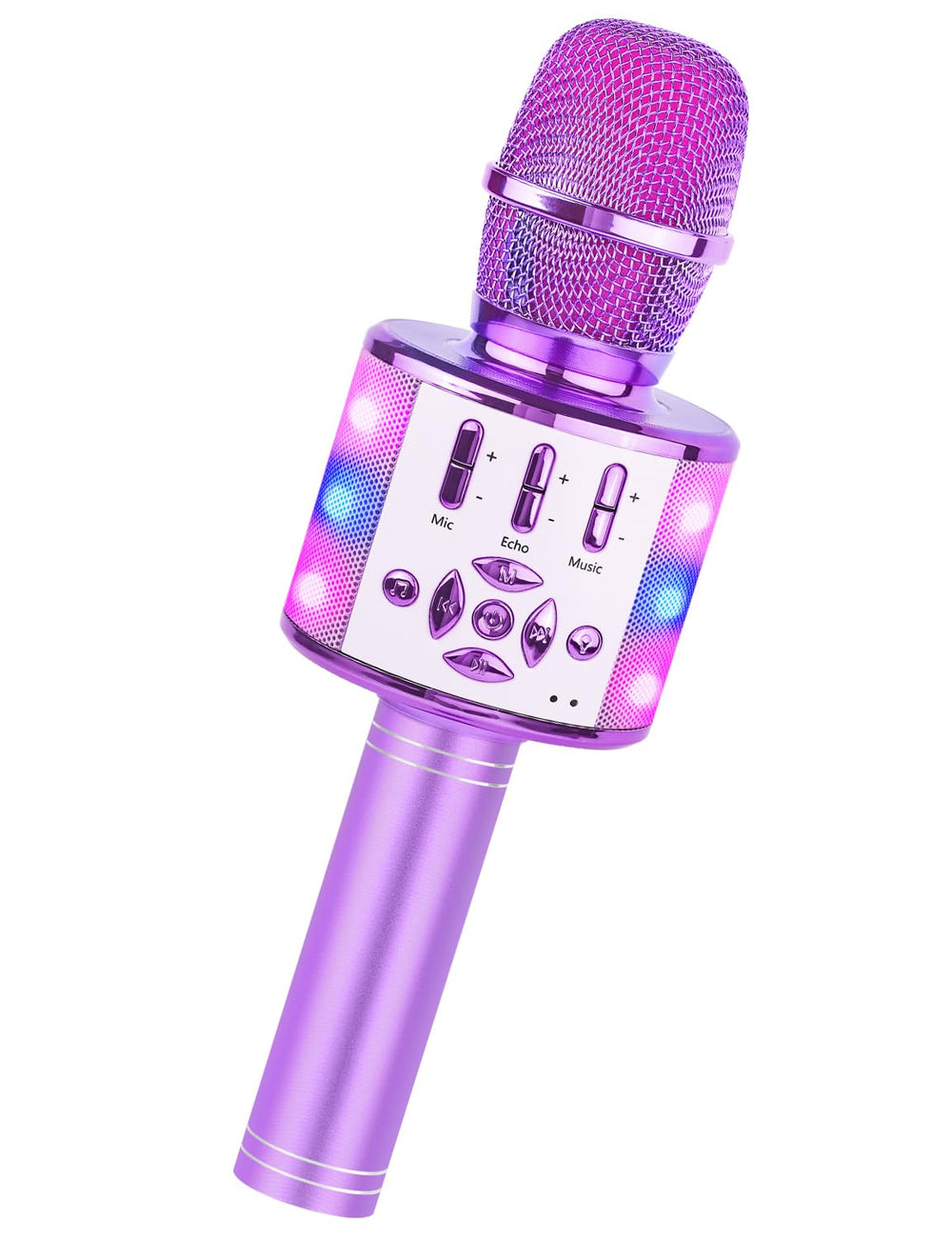 Amazmic light-purple karaoke microphone front view; easy grip for kids' sing-alongs.