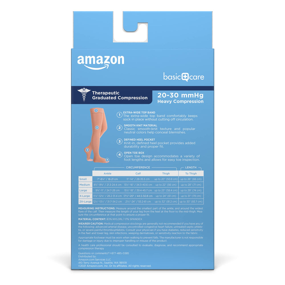 Amazon Basic Care 20-30 mmHg graduated compression supports leg circulation and comfort.