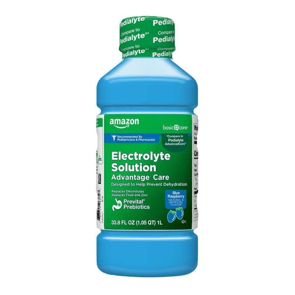 Amazon Basic Care Advantage Care bottle pours smoothly for fast hydration at home.