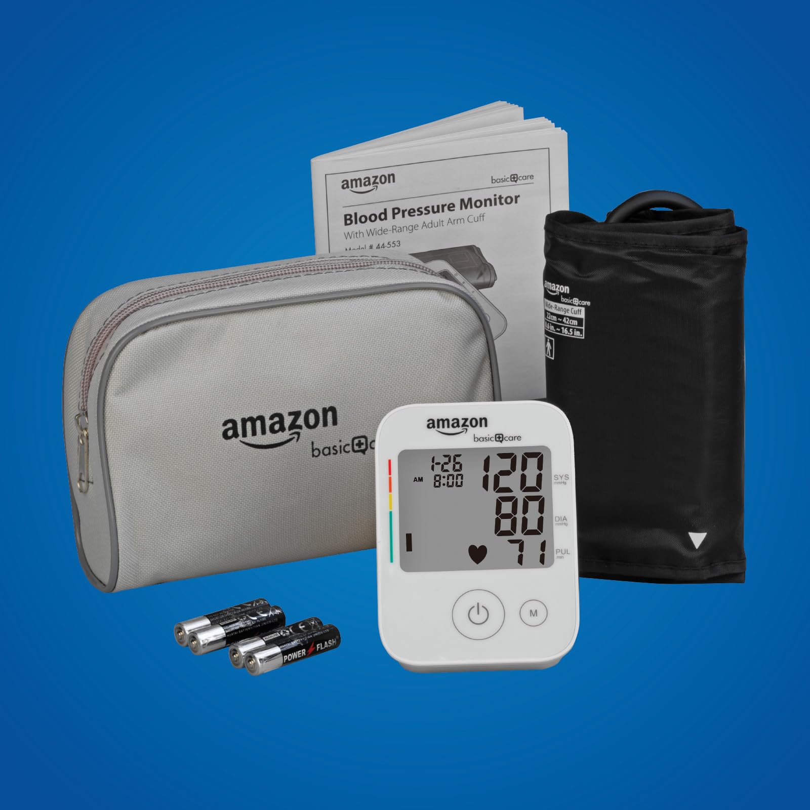 Amazon Basic Care BP monitor showing hypertension indicator during measurement.