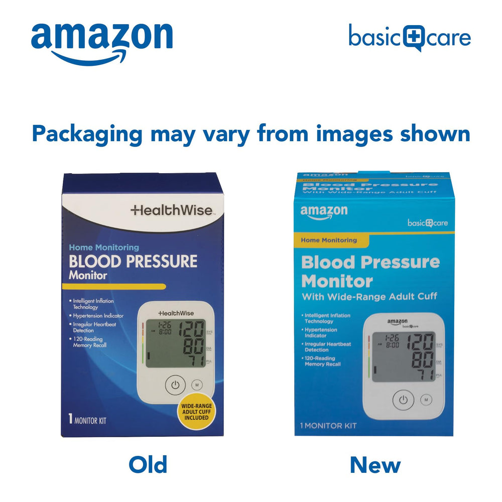 Amazon Basic Care monitor featuring intelligent inflation technology for faster readings.
