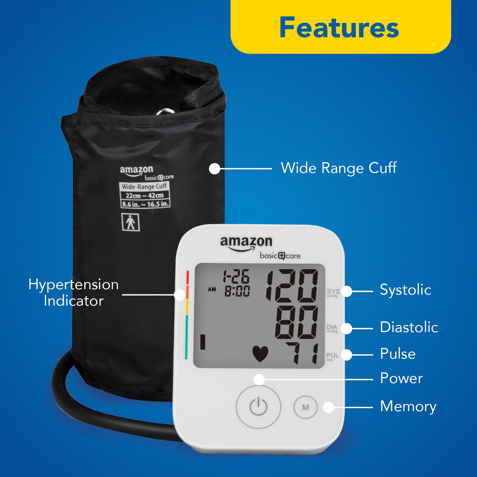 Amazon Basic Care device displays irregular heartbeat icon for quick awareness.