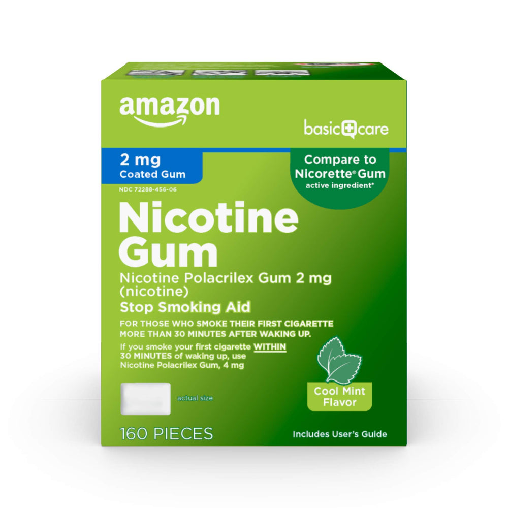 Amazon Basic Care Coated Nicotine Gum 2mg pack for quick quit aid and convenient refills.