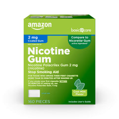 Amazon Basic Care Coated Nicotine Gum 2mg pack for quick quit aid and convenient refills.