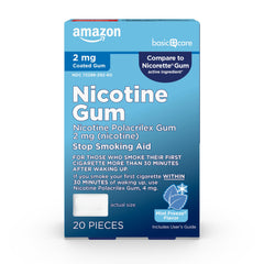 Amazon Basic Care coated nicotine gum ice mint pack helps manage cravings during quit attempts.