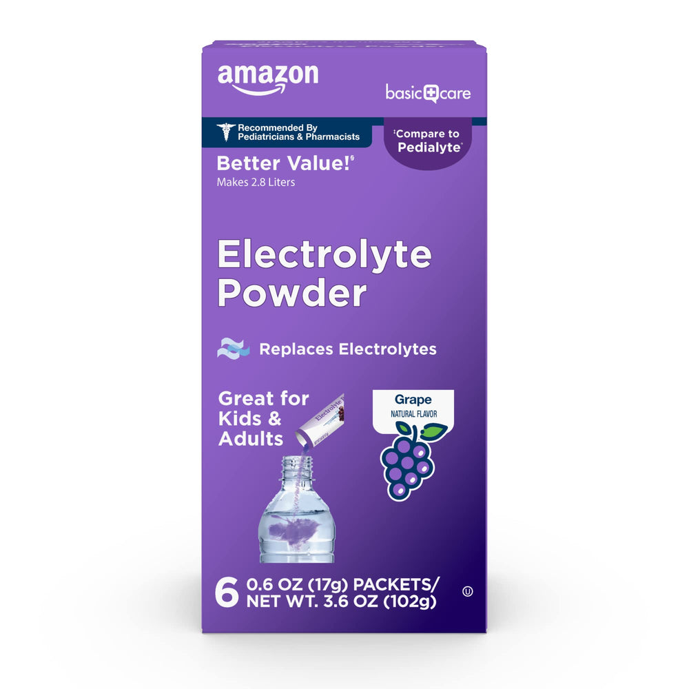 Amazon Basic Care electrolyte packets grape flavor front label for quick hydration.
