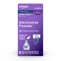 Amazon Basic Care electrolyte packets grape flavor front label for quick hydration.
