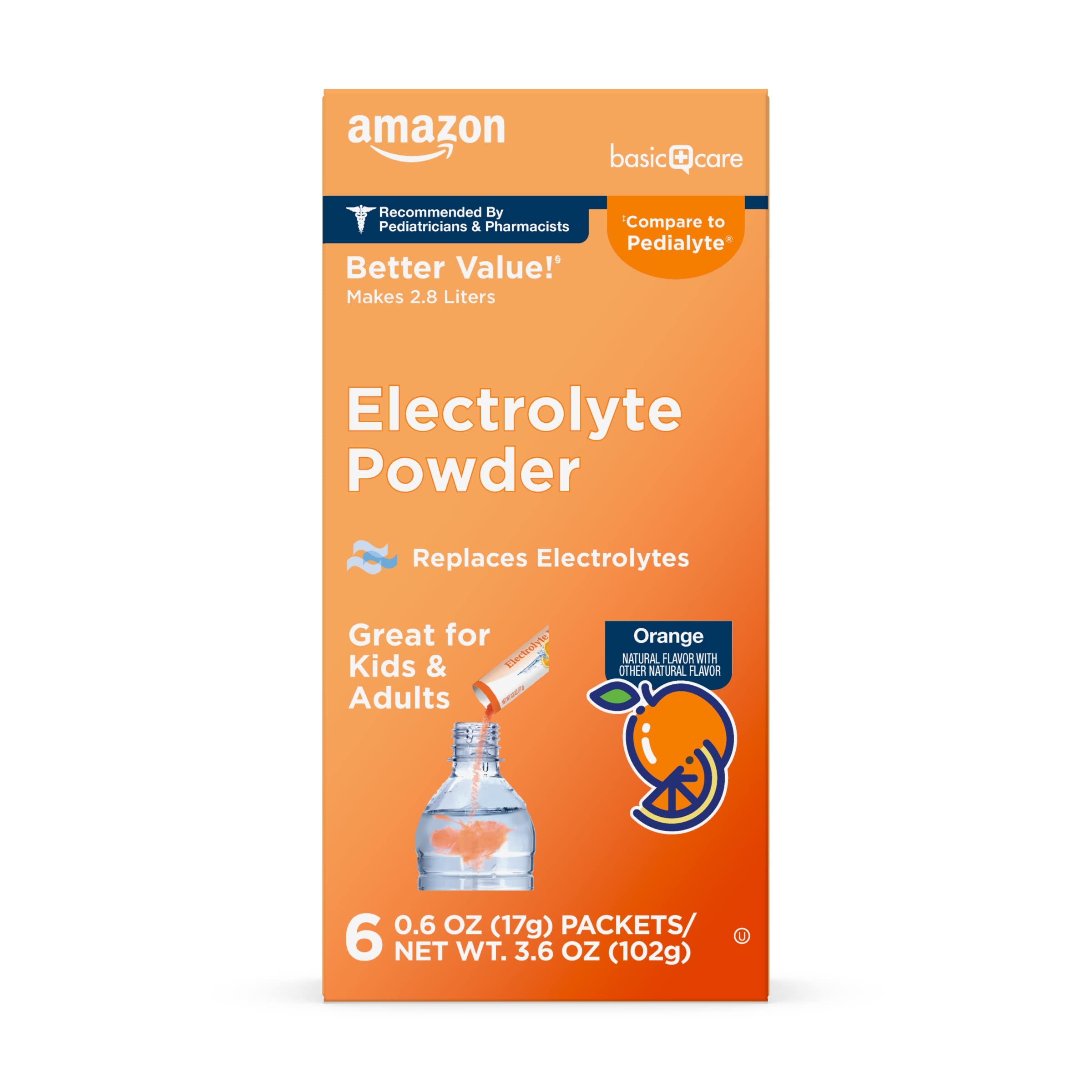 Amazon Basic Care electrolyte packets beside orange box for convenient hydration on the go.