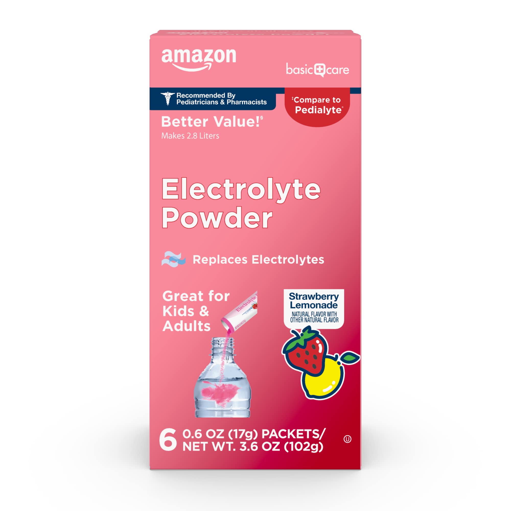 Amazon Basic Care electrolyte powder packet ready to mix for quick hydration on the go.