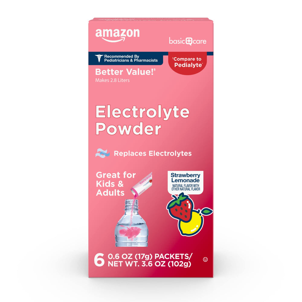 Amazon Basic Care electrolyte powder packet ready to mix for quick hydration on the go.