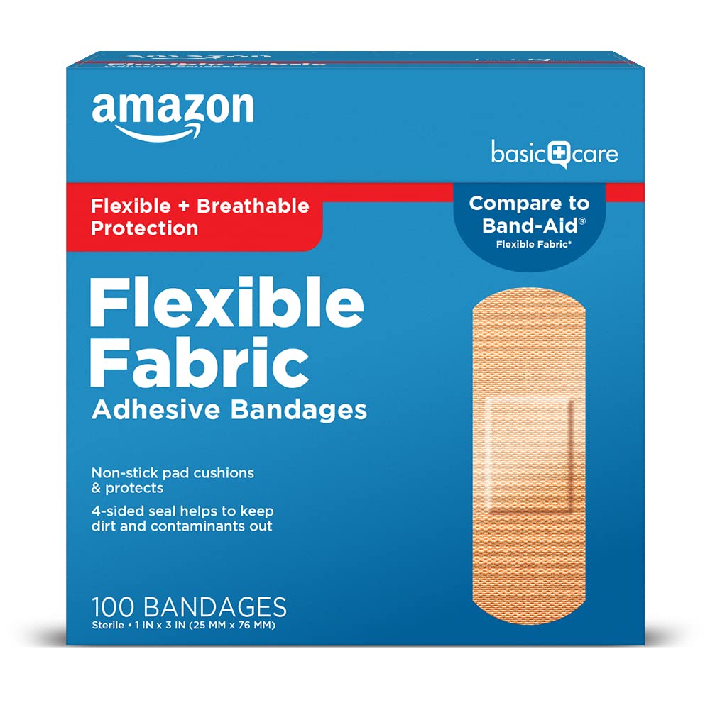 Amazon Basic Care flexible fabric bandage on skin shows breathable, secure coverage