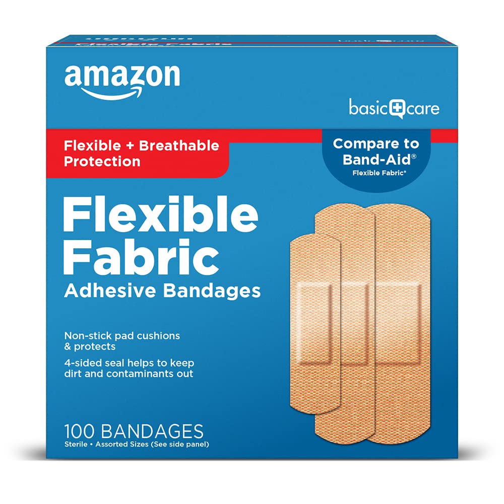 Amazon Basic Care Flexible Fabric Bandages shown in a front-pack view for versatile minor-wound care.