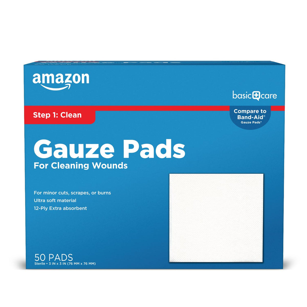 Amazon Basic Care gauze pad sterile 3x3 inches for minor wound care.