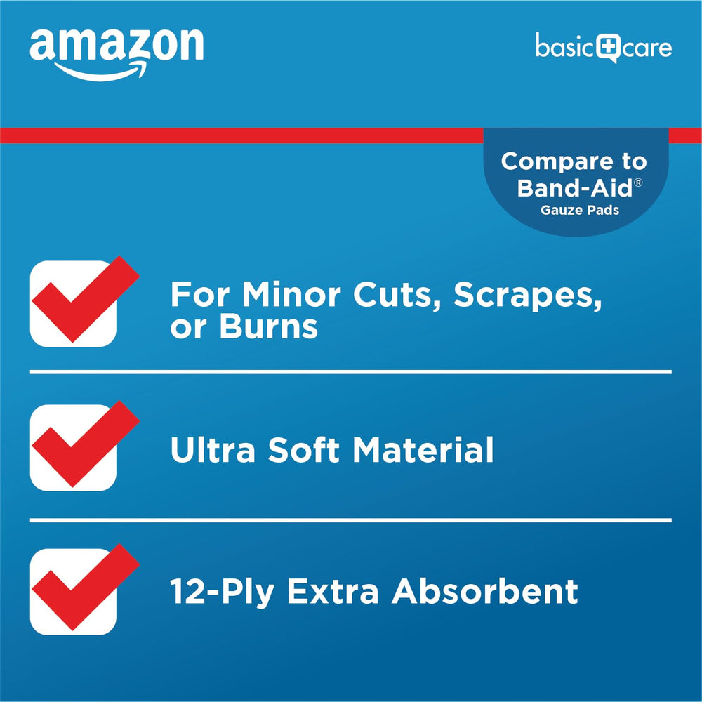 Amazon Basic Care gauze pads offer extra absorbency for small injuries and spills.