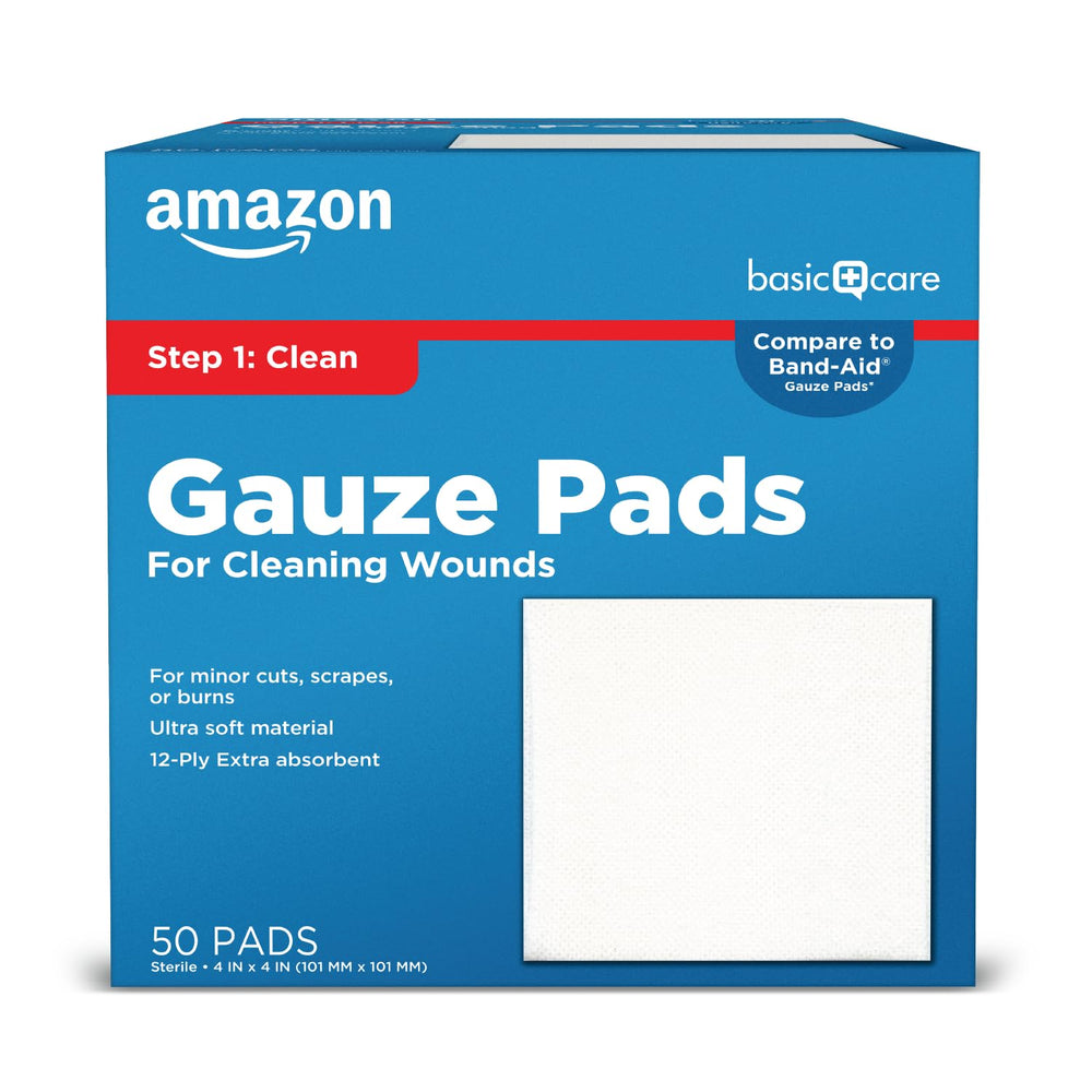 Amazon Basic Care gauze pads close-up view, 4x4 inch sterile dressing for minor wound care.