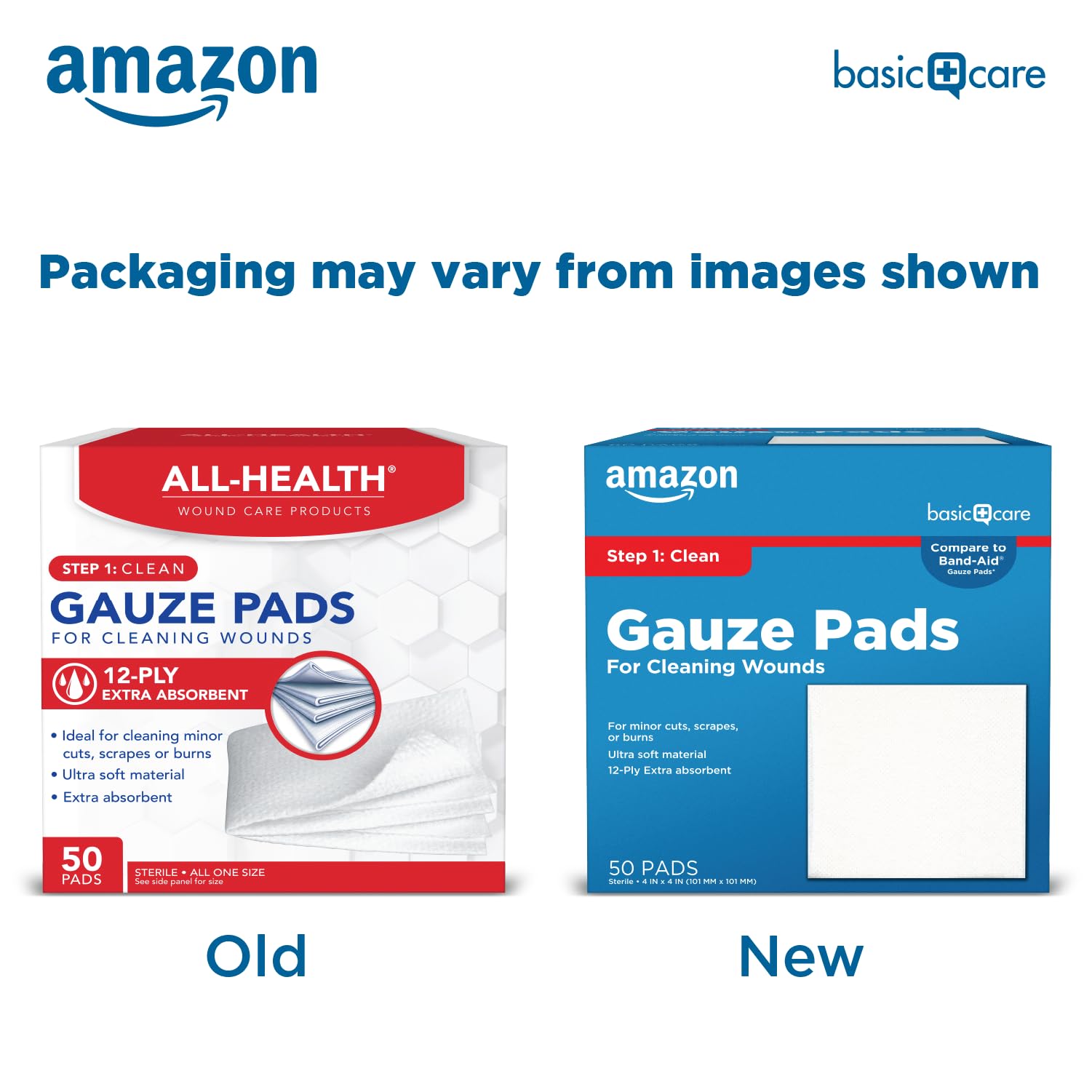 Amazon Basic Care gauze pads sterile packaging makes first aid ready and safe.