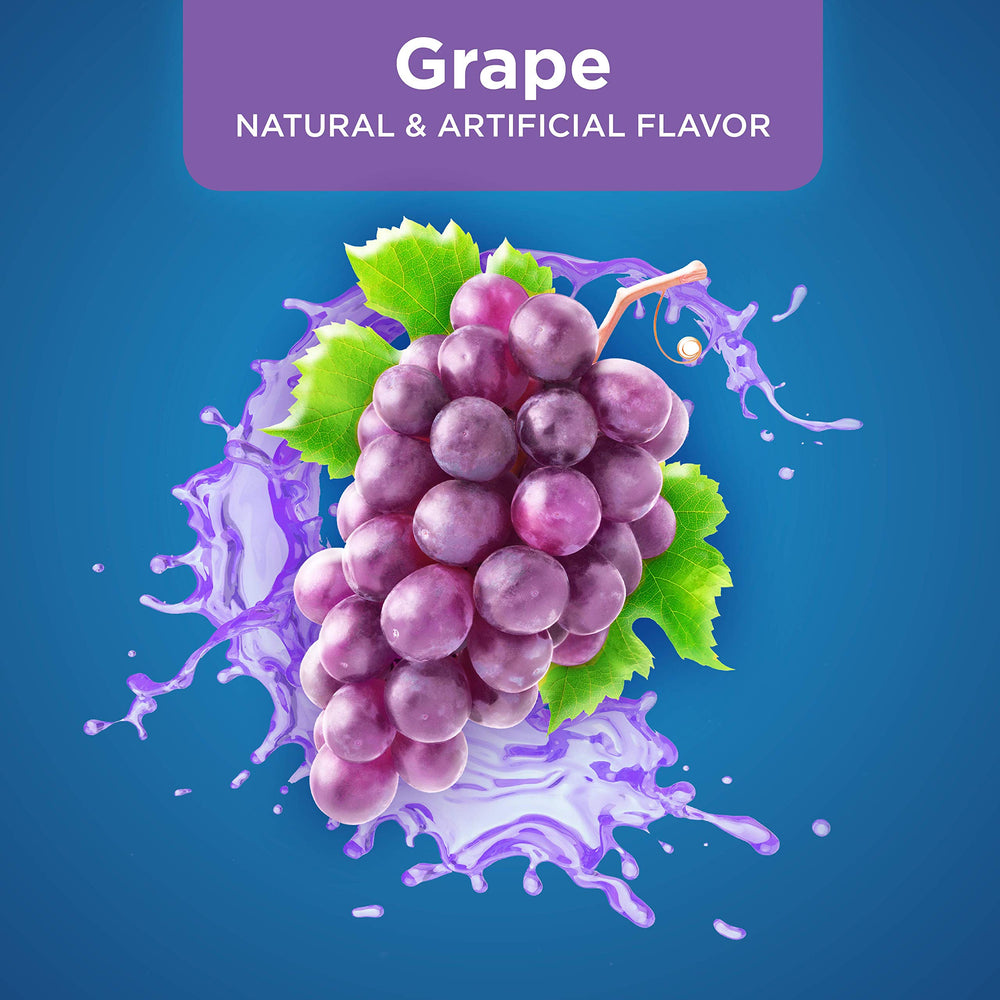 Amazon Basic Care grape electrolyte bottle on shelf for trusted pediatric care
