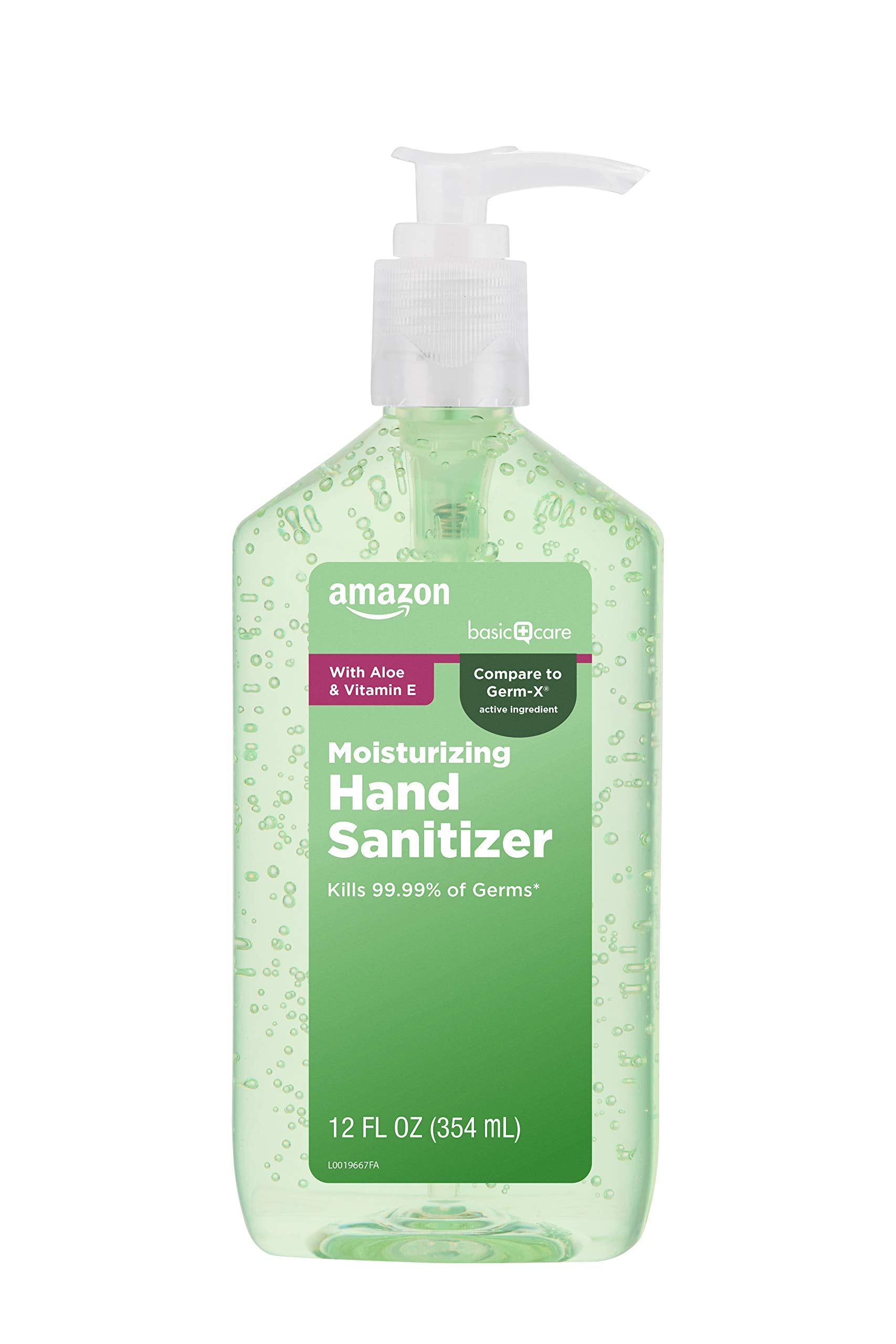 Amazon Basic Care hand sanitizer with aloe vera promotes soft hands with each pump