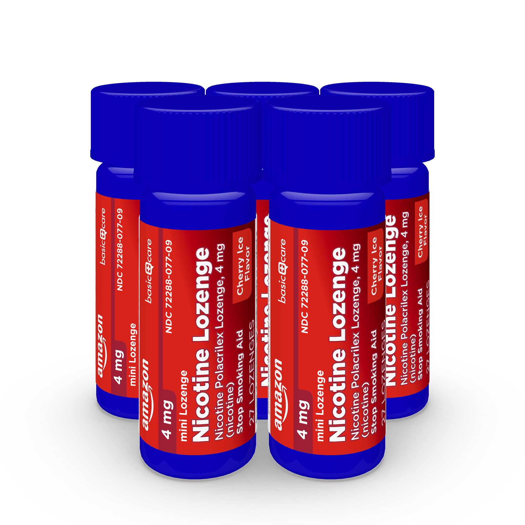 Amazon Basic Care Mini Nicotine Lozenge 4 mg Cherry Ice flavor detail closeup.