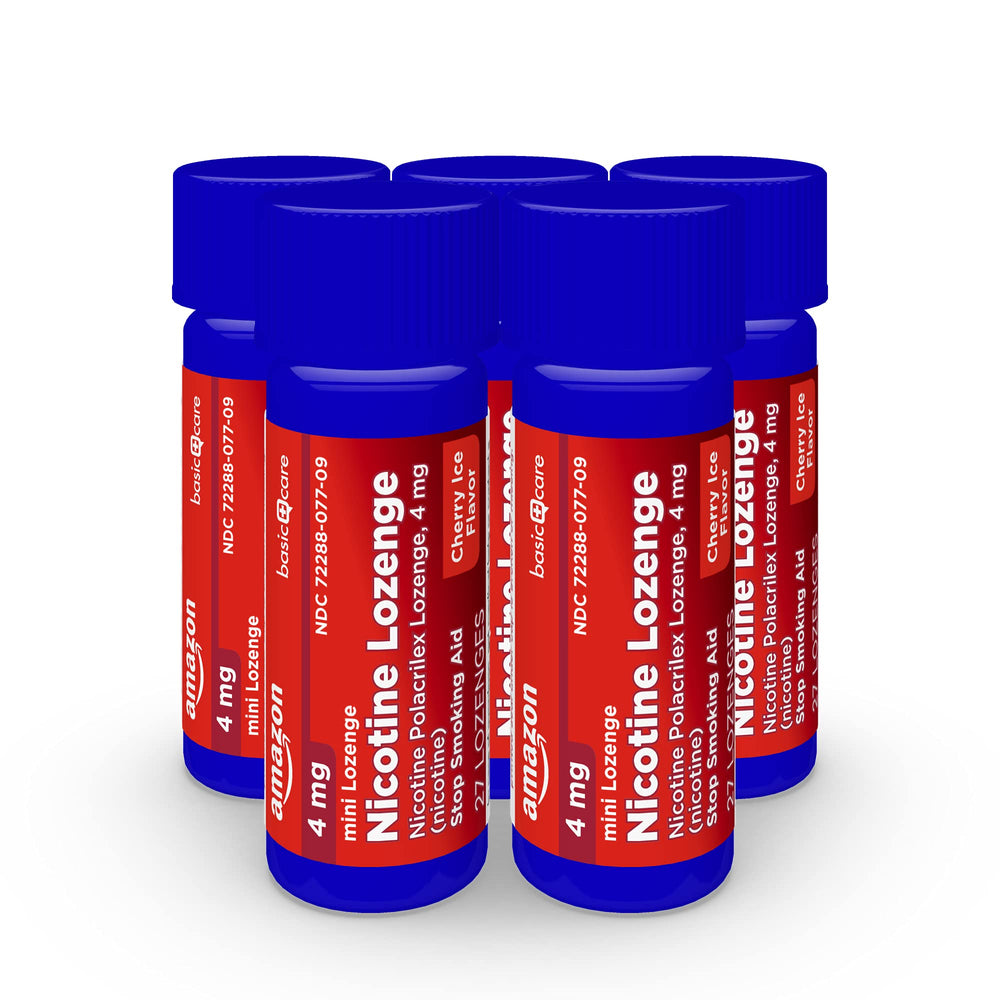 Amazon Basic Care Mini Nicotine Lozenge 4 mg Cherry Ice flavor detail closeup.