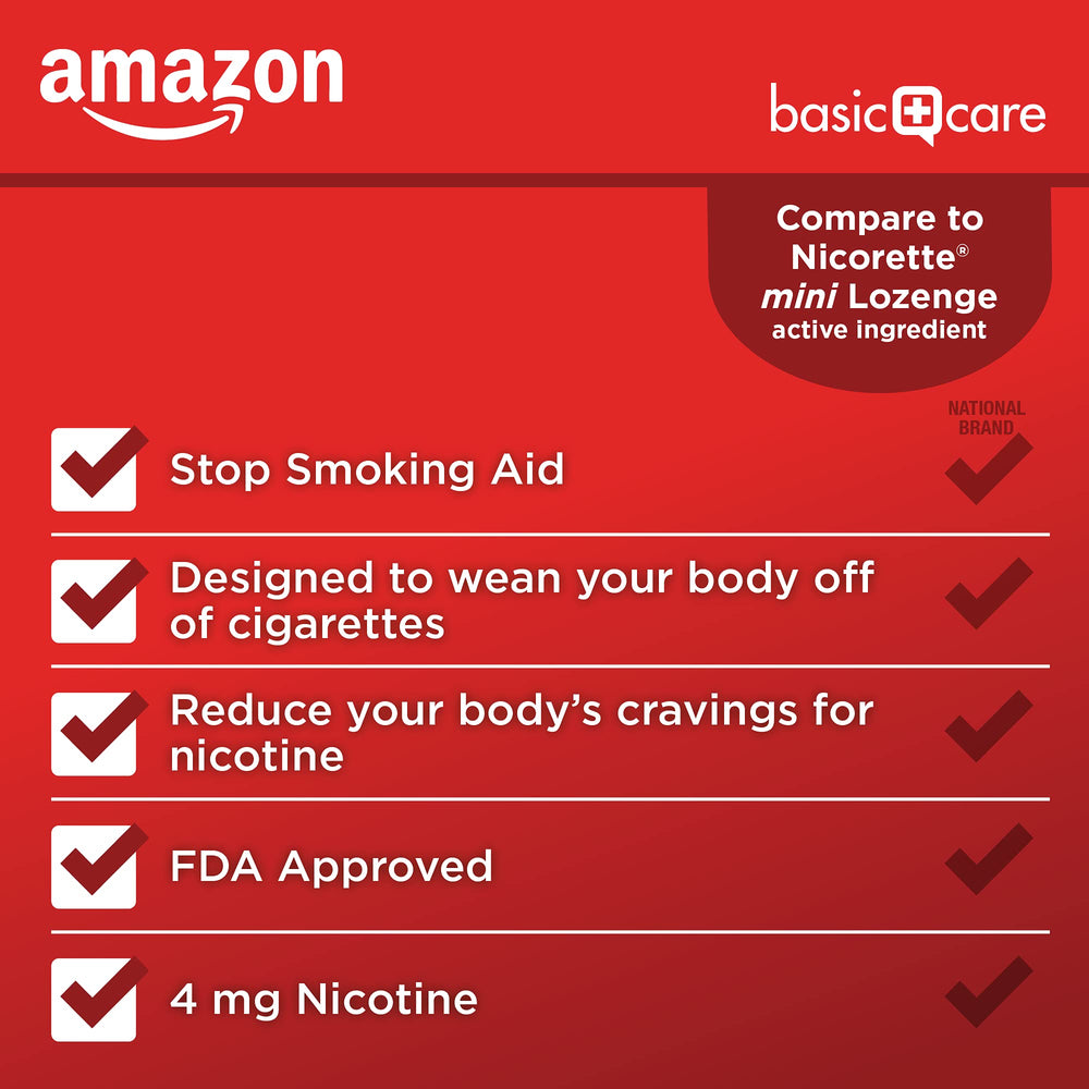 Amazon Basic Care Mini Nicotine Lozenge 4 mg Cherry Ice in hand suggests portability.