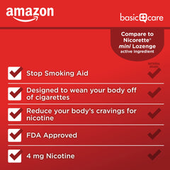 Amazon Basic Care Mini Nicotine Lozenge 4 mg Cherry Ice in hand suggests portability.