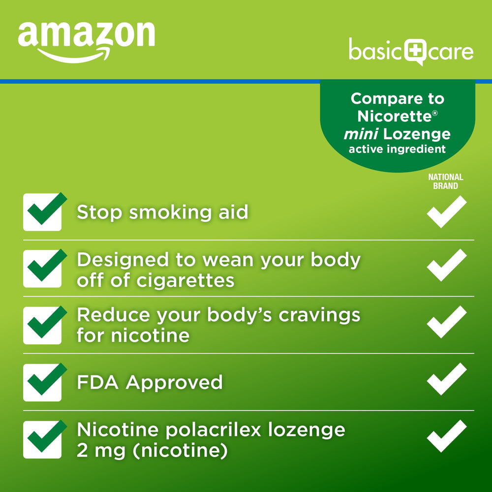 Amazon Basic Care mini lozenge box shows nicotine polacrilex for simple dosing.