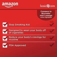 Amazon Basic Care mini nicotine lozenge cherry ice blister pack, compact and portable.