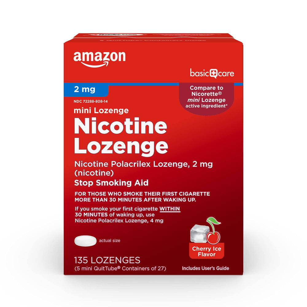 Amazon Basic Care mini nicotine lozenge cherry ice box, convenient cravings support on the go.