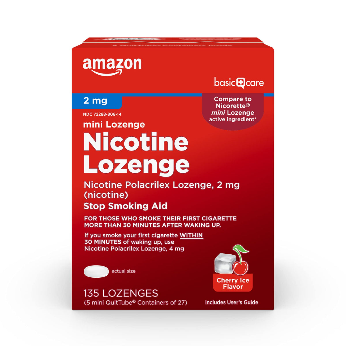 Amazon Basic Care mini nicotine lozenge cherry ice box, convenient cravings support on the go.