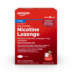 Amazon Basic Care mini nicotine lozenge cherry ice box, convenient cravings support on the go.