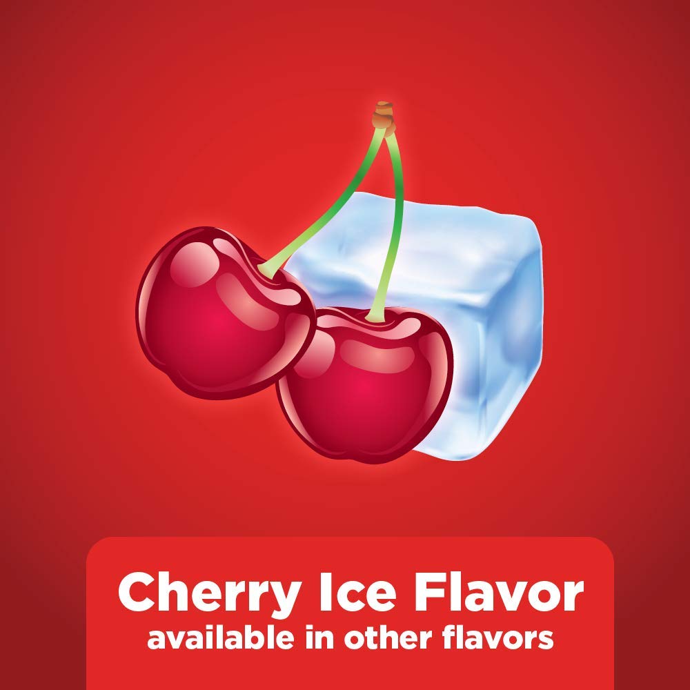 Amazon Basic Care mini nicotine lozenge cherry ice close-up, flavorful aroma suggested by branding.
