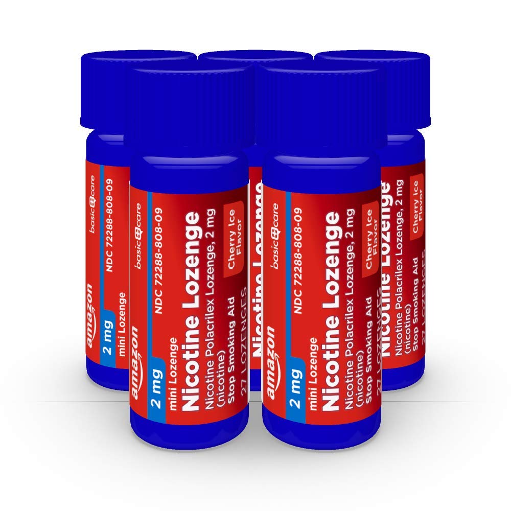 Amazon Basic Care mini nicotine lozenge cherry ice shelf display, prominent count and flavor.