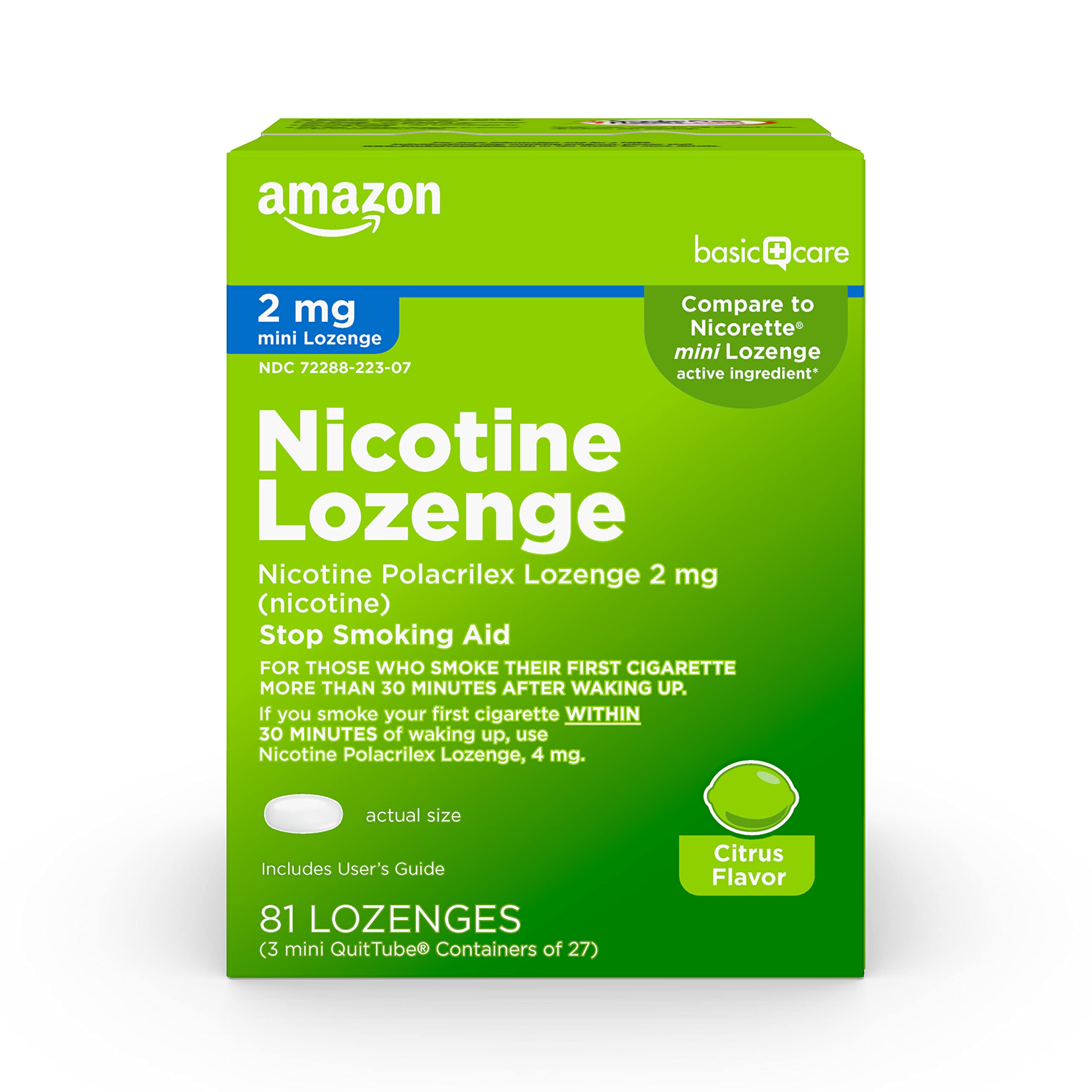 Amazon Basic Care mini nicotine lozenge bottle with citrus flavor helps manage cravings.