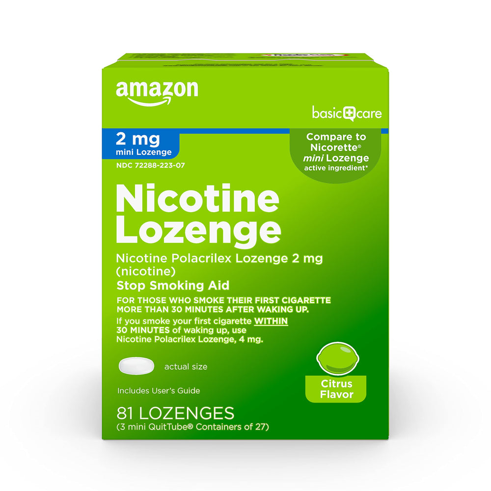 Amazon Basic Care mini nicotine lozenge bottle with citrus flavor helps manage cravings.