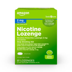 Amazon Basic Care mini nicotine lozenge bottle with citrus flavor helps manage cravings.