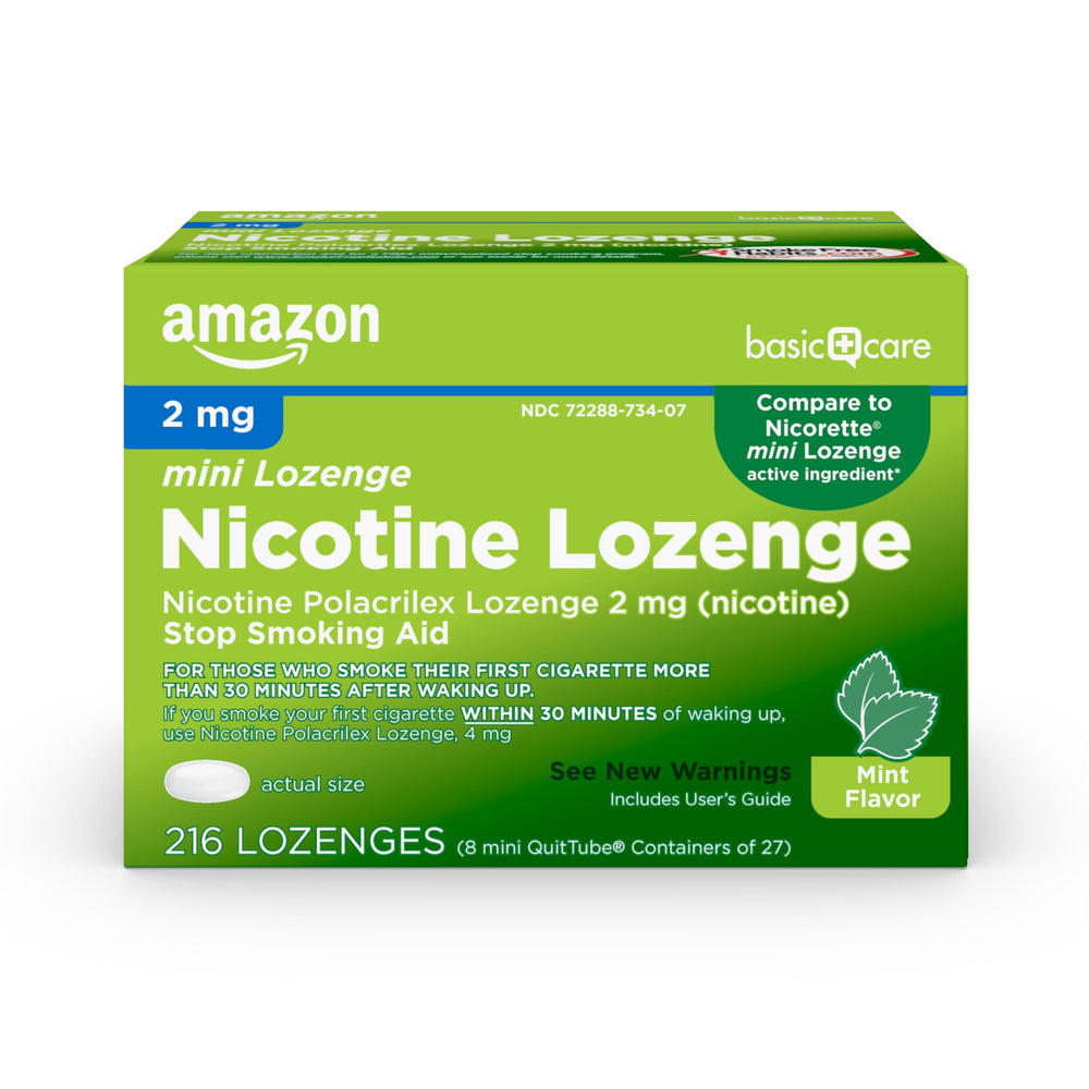 Amazon Basic Care mini nicotine lozenge mint pack front view for convenient quit support.
