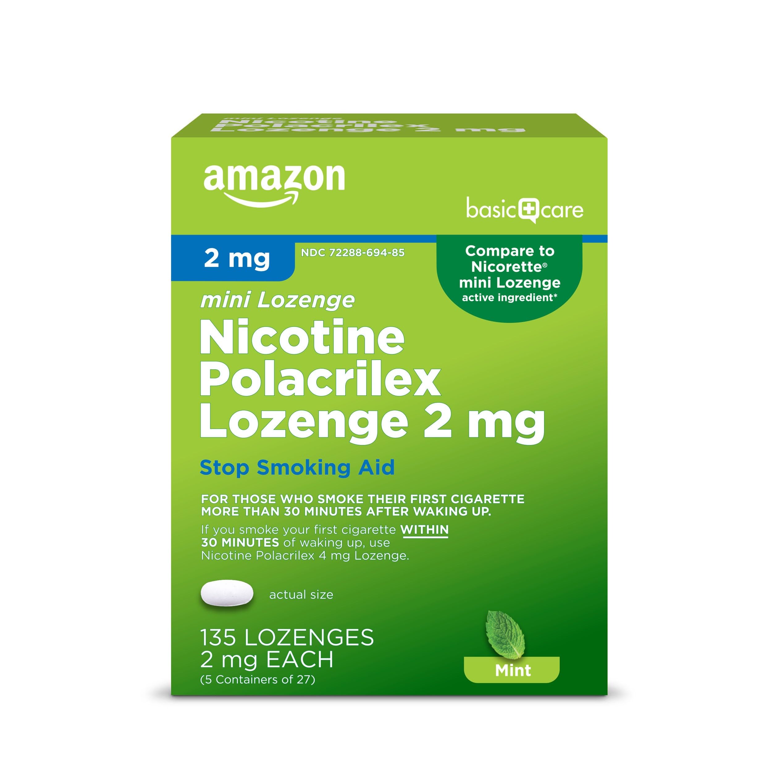 Amazon Basic Care mini nicotine lozenge 2 mg mint packaging shown for quit support.