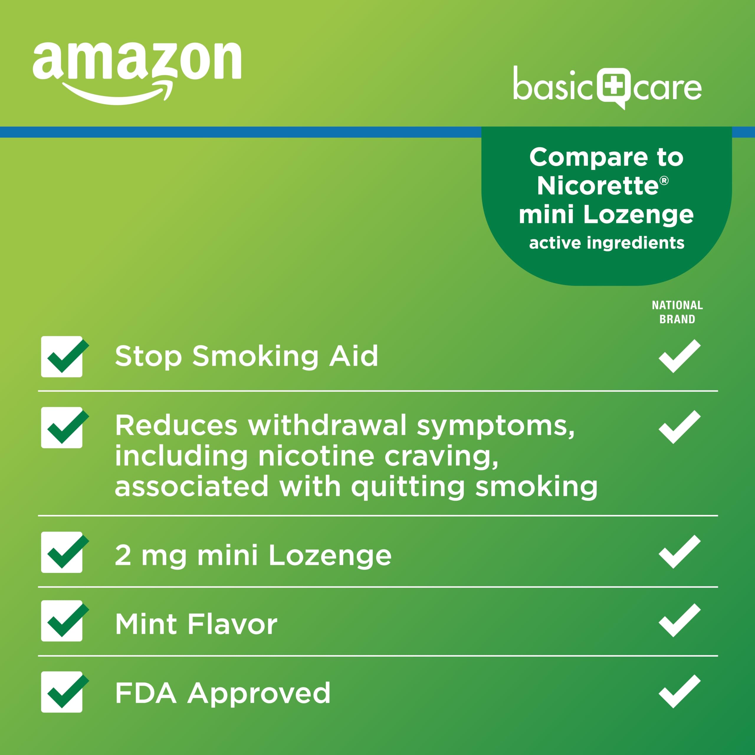 Amazon Basic Care lozenge 2 mg mint tablet close-up for craving relief.