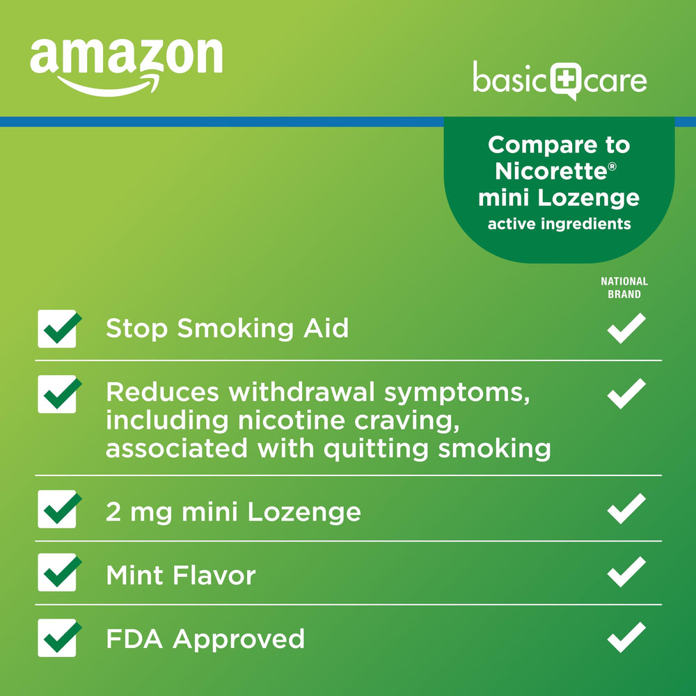 Amazon Basic Care lozenge 2 mg mint tablet close-up for craving relief.