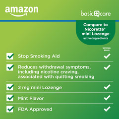 Amazon Basic Care lozenge 2 mg mint tablet close-up for craving relief.