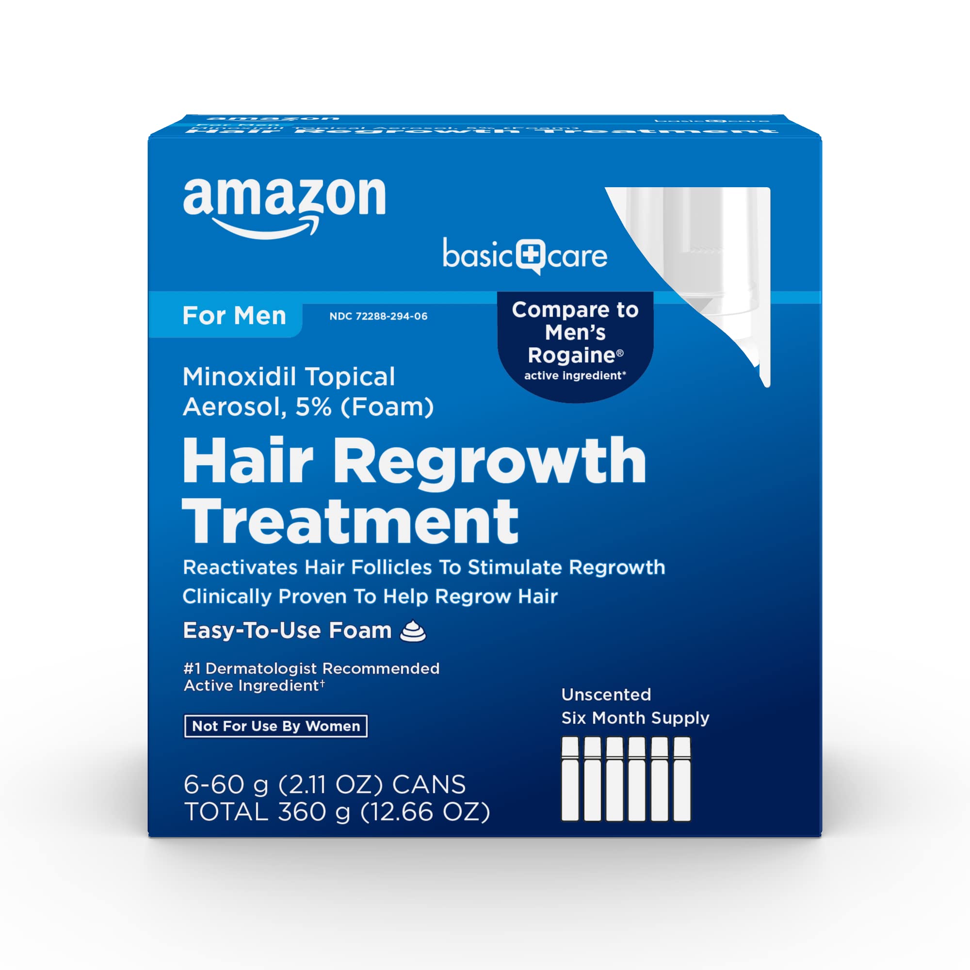 Amazon Basic Care Minoxidil foam bottle closeup for easy daily application
